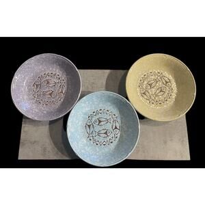3 - Handcrafted Pottery Shallow Coupe Bowls, Etched In Geometric & Fish Patterns